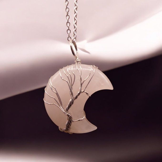 Collier Quartz Rose lune arbre de vie