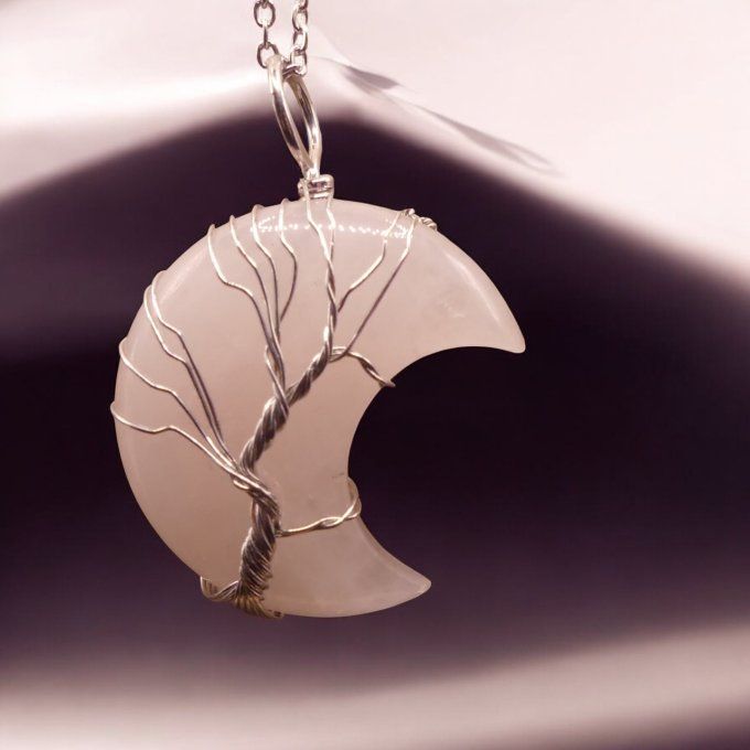 Collier Quartz Rose lune arbre de vie