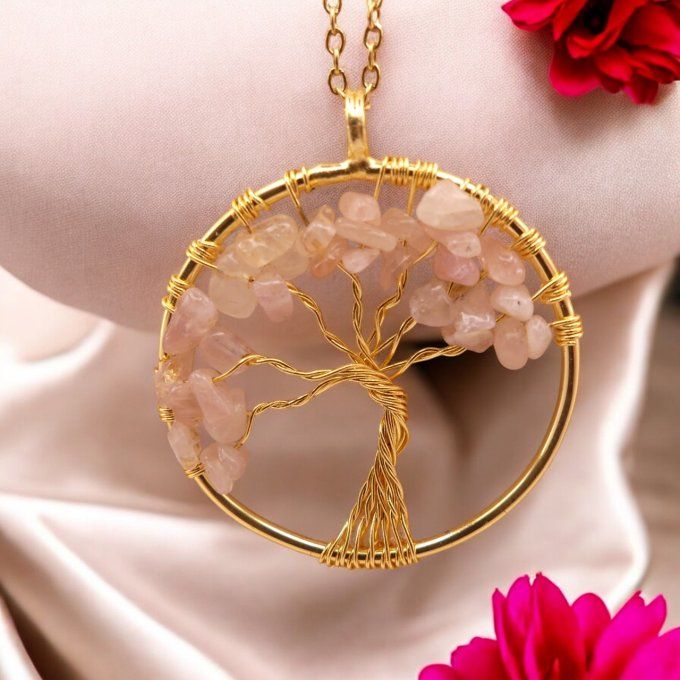 Collier Arbre de Vie en Quartz Rose