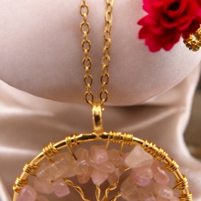 Collier Arbre de Vie en Quartz Rose