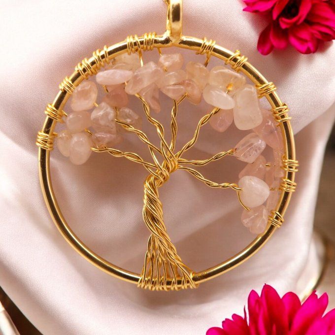 Collier Arbre de Vie en Quartz Rose