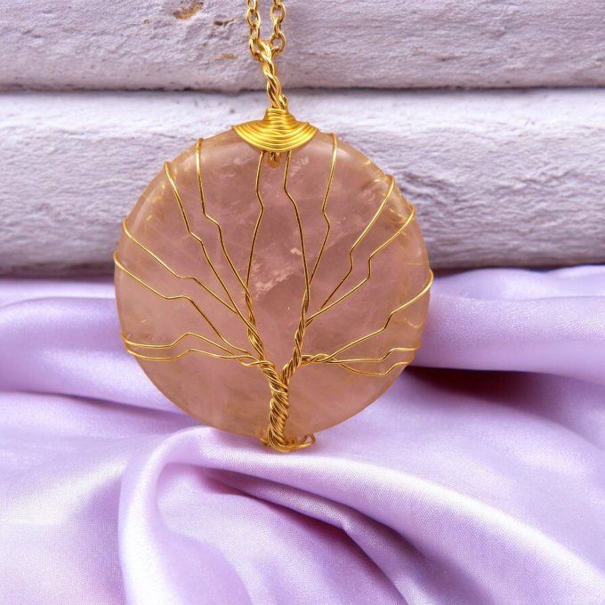 Collier Arbre de Vie en Quartz Rose