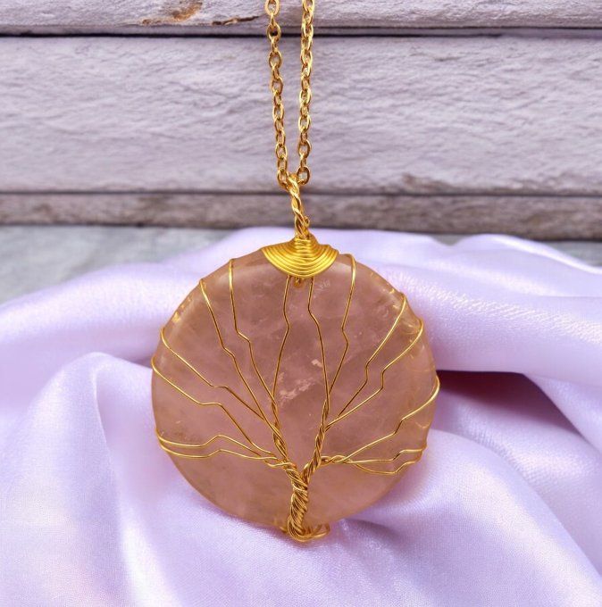 Collier Arbre de Vie en Quartz Rose